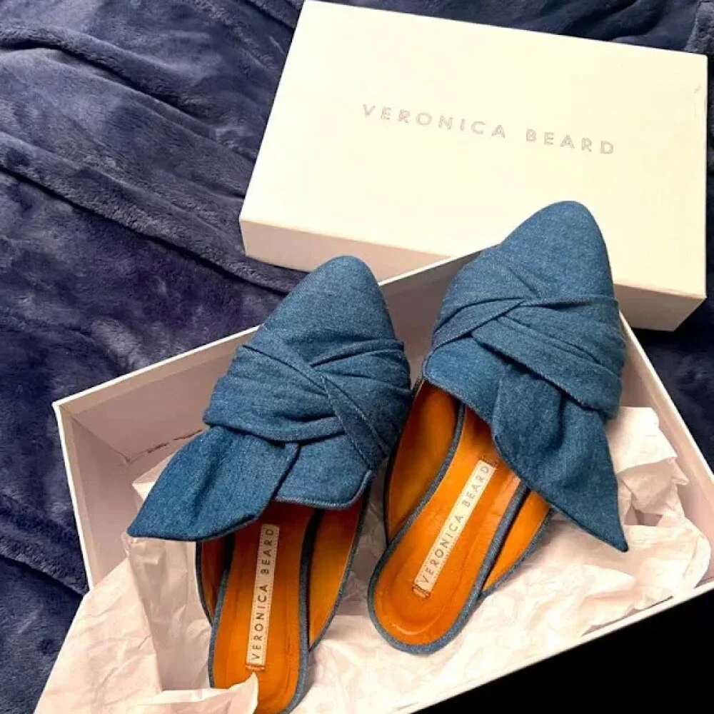 VERONICA BEARD Flat Denim BOW Mules Size 37